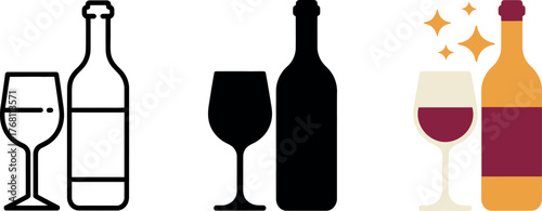 Wine Bottle and Glass Icons in Various Styles and Visual Representations