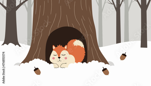 Squirrel Sleeping in Tree Hollow in Winter