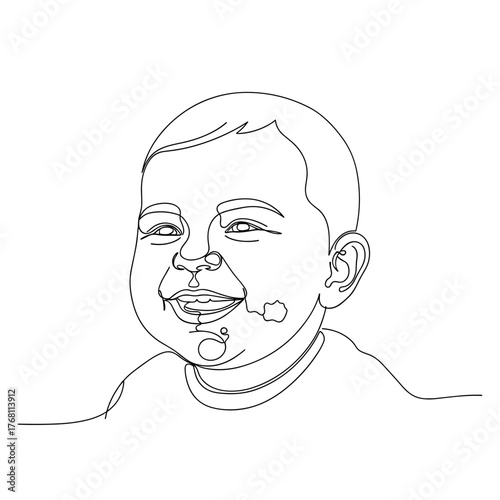 Baby smiling with food on chin in line art style, symbolizing joy and innocence