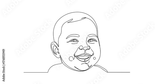 Baby smiling with food on chin in line drawing, symbolizing happiness and playful innocence