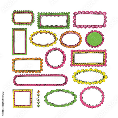 Doodle Hand Drawn Frame Set, Colorful Border Collection with Square, Arch, and Rectangle Shapes, Retro Empty Banner, Poster, Placard, Postal Stamp Decoration