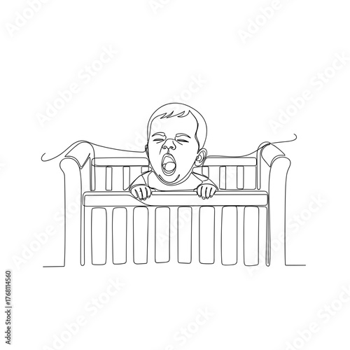 Baby yawning in crib in line art style, symbolizing sleepiness and bedtime routine