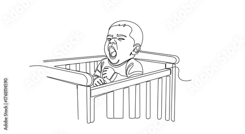 Baby yawning in crib in line drawing, symbolizing tiredness and daily rhythm