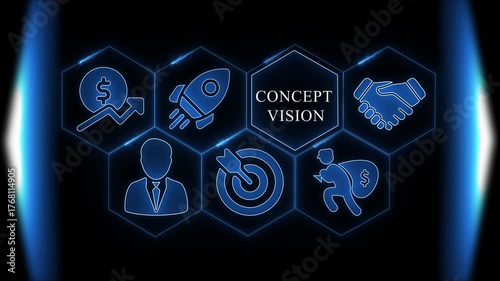 Concept Vision Business Icons in Hexagons on Dark Background Keywords: concept, vision, business
