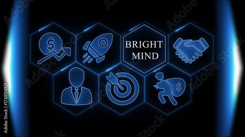 Bright Mind Business Concept with Icons and Hexagons Keywords: bright, mind, business, concept
