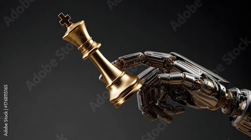 Metallic robotic manipulator firmly grasps a gleaming gold chess king piece against a dark background