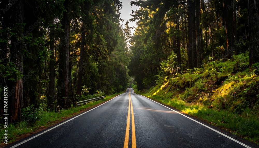 Fototapeta premium Empty, asphalt road through a forest, bright sunlight ahead