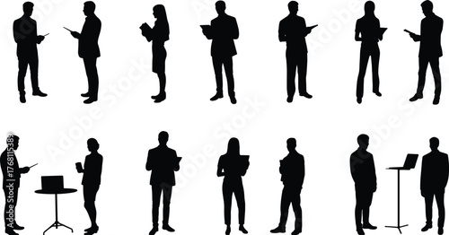Business meeting silhouettes, office people vector art, professional teamwork illustration, corporate discussion scene, standing figures, modern business collaboration concept