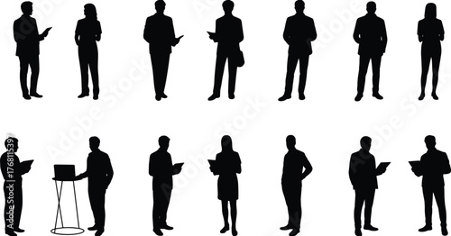 Business meeting silhouettes, office people vector art, professional teamwork illustration, corporate discussion scene, standing figures, modern business collaboration concept
