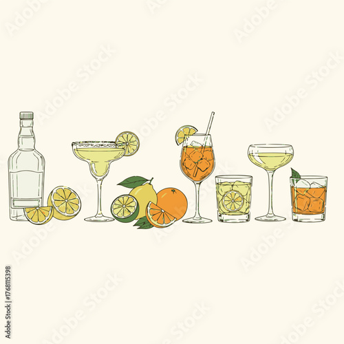 Hand Drawn Drinks and Cocktails Vector Set, Classic Cocktails in Various Glasses, Alcohol Beverages in Doodle Ink Sketch Style for Wedding or Birthday Party Menu