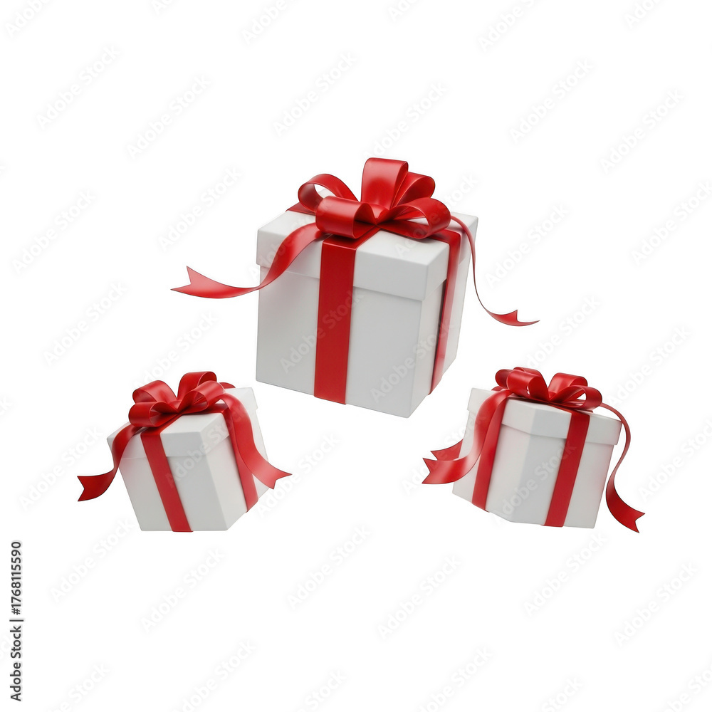 Fototapeta premium Three white gift boxes with red ribbons and bows for special occasions isolated on transparent background