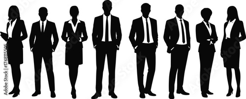 Business professionals silhouettes, corporate team illustration, office staff lineup, leadership concept, teamwork design, businesspeople group, executive vector, modern workplace art