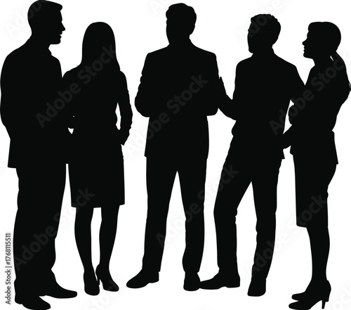 Business team silhouettes, group discussion, teamwork concept, office people talking, collaboration illustration, professional meeting, corporate communication, leadership design vector