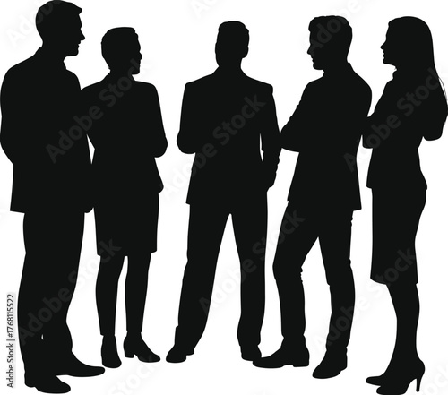 Business team silhouettes, group discussion, teamwork concept, office people talking, collaboration illustration, professional meeting, corporate communication, leadership design vector
