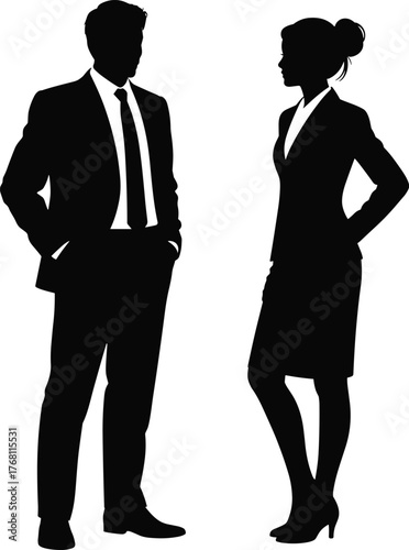 Businessman and businesswoman silhouette, professional conversation, teamwork concept, corporate meeting, office communication, leadership collaboration, formal attire figures, partnership success