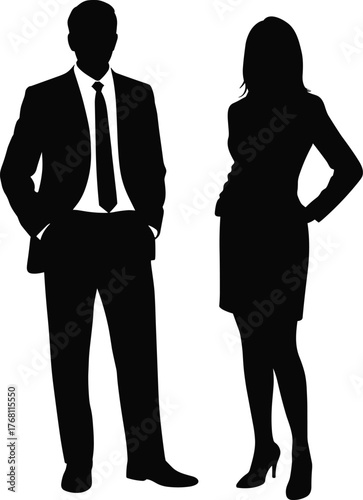 Businessman and businesswoman silhouettes, professional office people vector, corporate attire illustration, leadership concept, modern business team, elegant black silhouettes