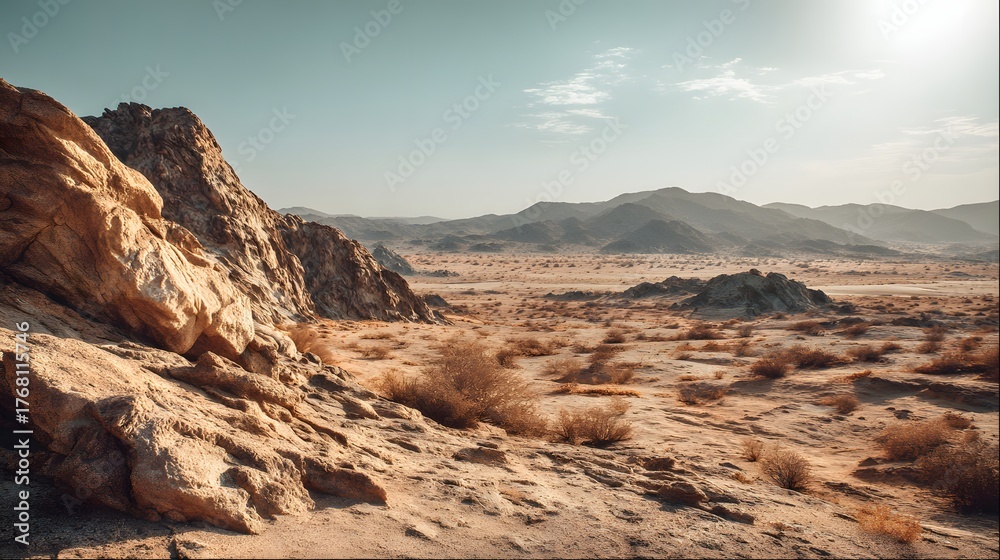 Fototapeta premium Sunlight illuminates rugged terrain featuring large rock formations and distant arid mountain ranges