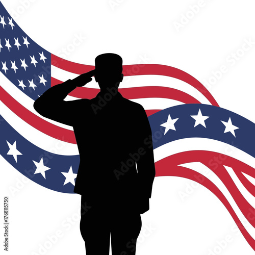 Saluting Soldier Silhouette with American Flag - Patriotic USA Image