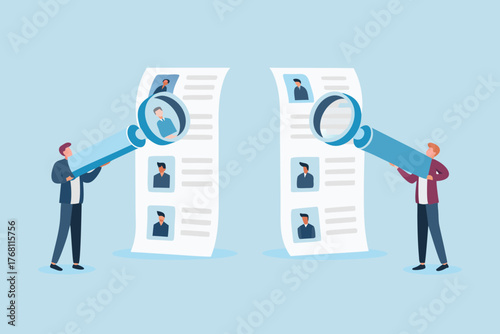 Two people examining resumes with magnifying glasses to find the best candidate for a job