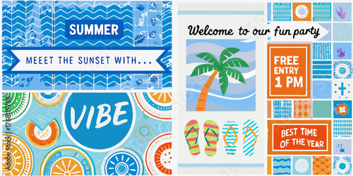 Vibrant summer party invitation with tropical elements and fun graphics