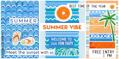 Summer vibe fun party invitation with sunset beach palm tree and flip flops