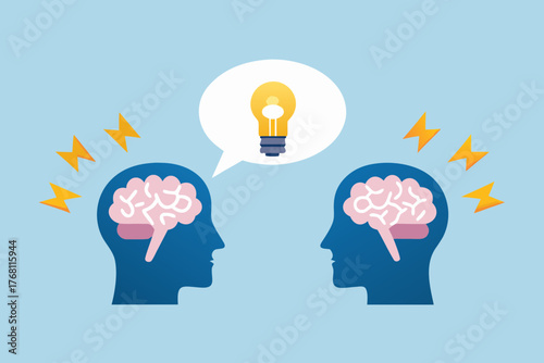 Two silhouetted heads facing each other with brains and a lightbulb idea symbol