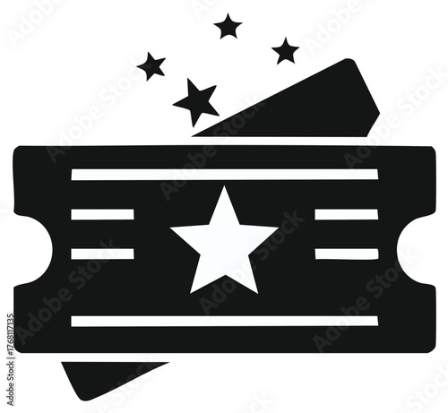 Ticket icon featuring a star symbol for events or movies and shows with shining sparkle stars