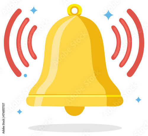 Bright Golden Bell Rings Out with Energetic Red Waves and Twinkling Blue Stars Around It