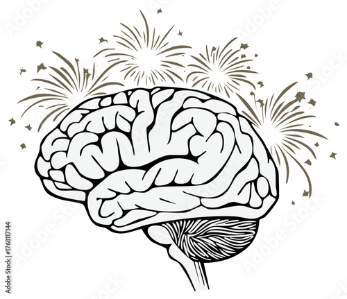 Creative human brain illustration with fireworks burst symbolizing brilliant ideas and inspiration
