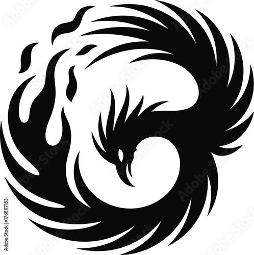 Fiery black phoenix emblem with circular design elements