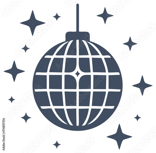 Stylized dark grey disco ball illustration with sparkling stars for party music and celebration events