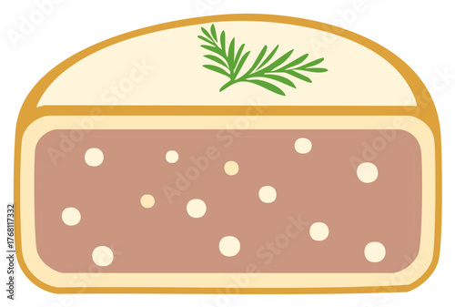 Appetizing illustration of a delicious rustic meat pate slice with creamy top and green dill