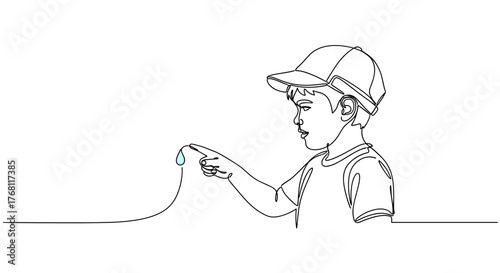 Child pointing at raindrops as symbol of curiosity and innocence