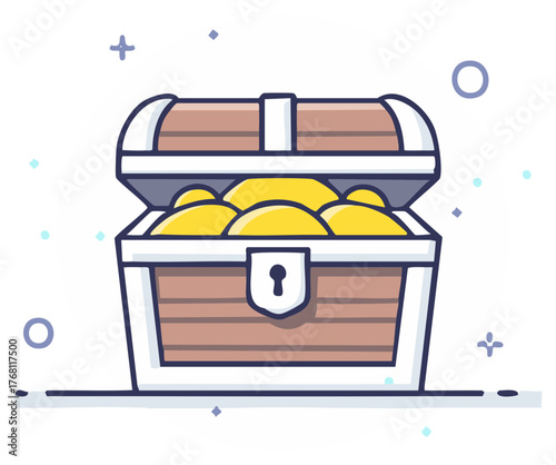 Open treasure chest overflowing with gold coins, illustration in flat style.