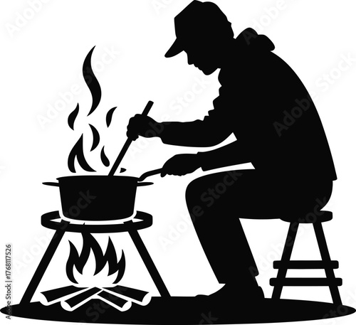 Illustration of a person cooking outdoors over a campfire with a pot and stirring