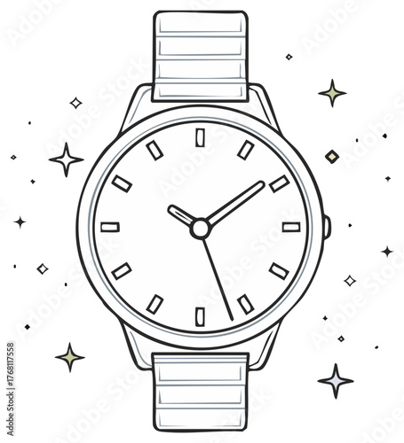 Hand drawn vector illustration of a sparkling classic analog wristwatch with a metal band