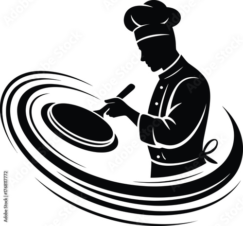 Dynamic illustration of a chef preparing food in a sizzling frying pan with motion effects