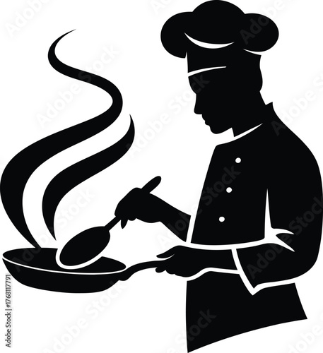 Silhouette of a chef cooking with a frying pan food preparation icon