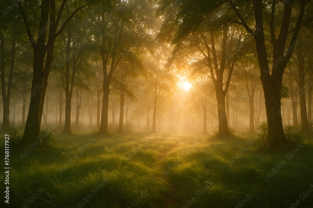 Fototapeta premium Serene forest morning sunrise sunbeams nature tranquility peaceful landscape