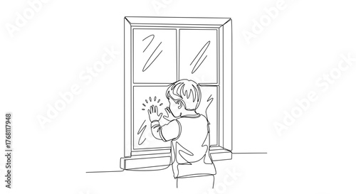 Child tapping on window pane as symbol of waiting and wonder