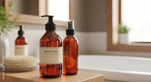 Wallpaper Mural Amber bottles with pumps and spray nozzles on wooden surface, bathroom Torontodigital.ca