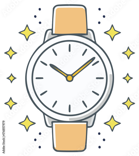 Wristwatch icon with tan band, simple, time-telling device, round face with yellow stars and dark circles, watch with hands, wristwatch icon