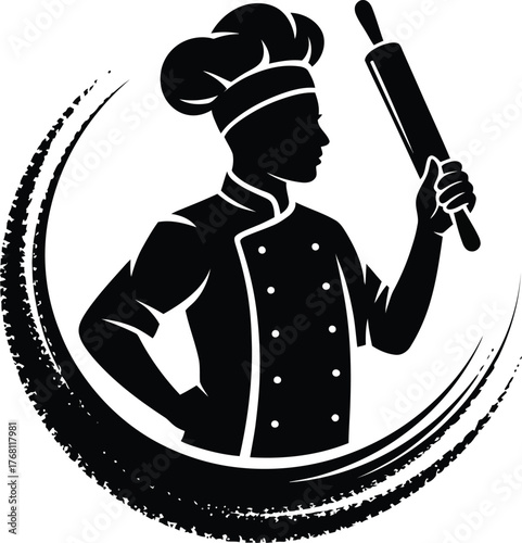 Silhouette of a chef s rolling pin with decorative swirls and culinary elements