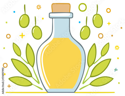 Illustration of olive oil bottle with olives and leaves design