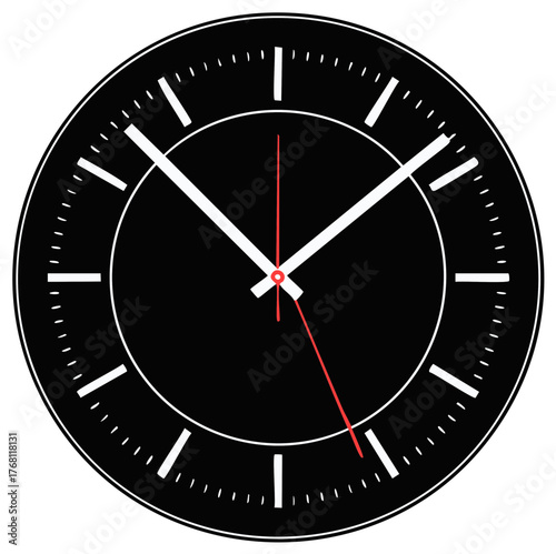 Sleek black clock dial with prominent white hour minute hands and red second hand vector