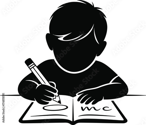 Child learning to write in a book with a homework assignment silhouette