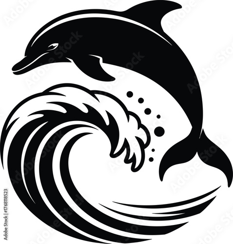 Dynamic silhouette of a dolphin leaping over a crashing ocean wave