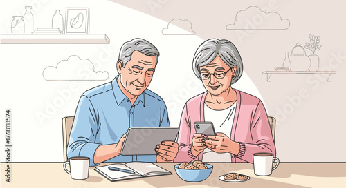 Pensive Woman Resting at Coffee Shop: Minimalist Line Art Illustration of Thoughtful Female Leaning on Hands with Coffee Cup in Simple Cafe Setting, Depression or Relaxation Concept for Healthcare Mar