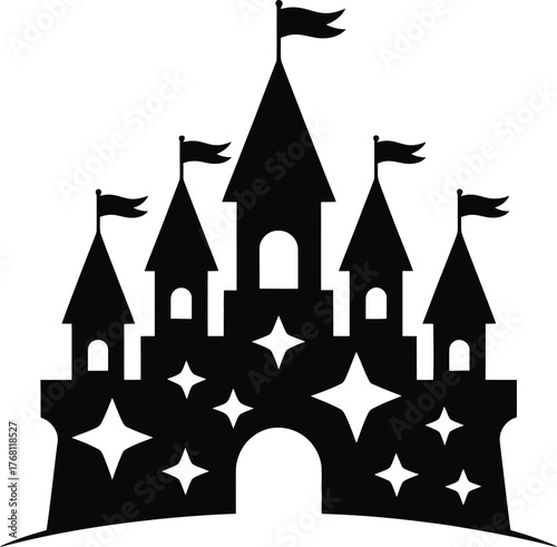 Enchanting fairy tale castle silhouette with sparkling magical effects and starry night sky