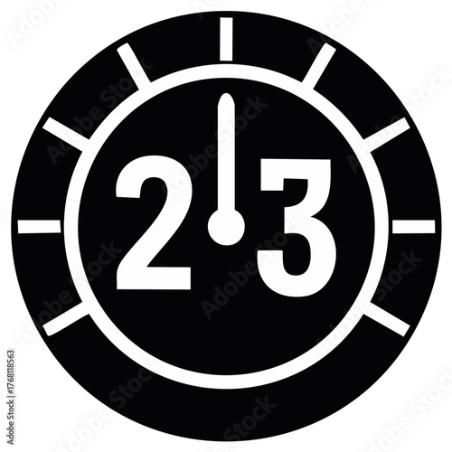 Black and white clock face with numbers two and three and a short hand